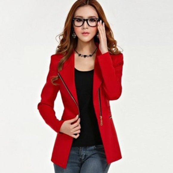 Slim Fit Candy Red Zipper Jacket Blazer Long - Picture 6 of 12
